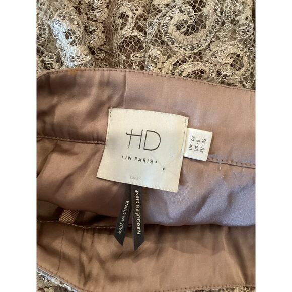 Anthropologie HD in PARIS Champagne Silver Metallic Lace Eyelash Hem Skirt Sz 0 - Picture 6 of 14